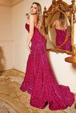 Sirène Une épaule Fuchsia Paillettes Plus Taille Robe de bal avec Sweep Train