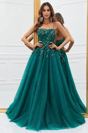 Robe de Soirée longue en tulle vert foncé scintillante avec appliques
