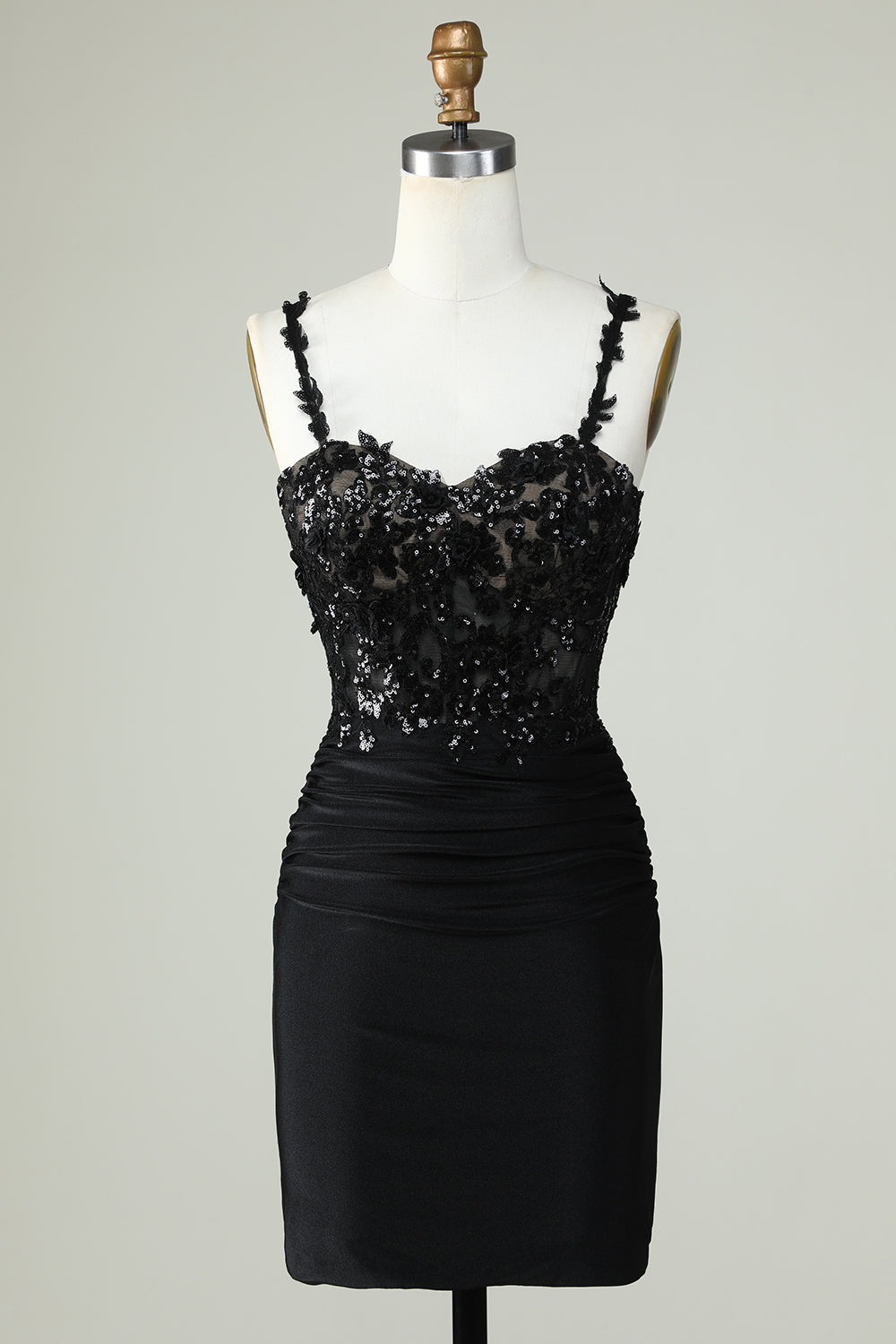 Fourreau Bretelles Spaghetti Robe de Cocktail Courte Noire avec Appliques