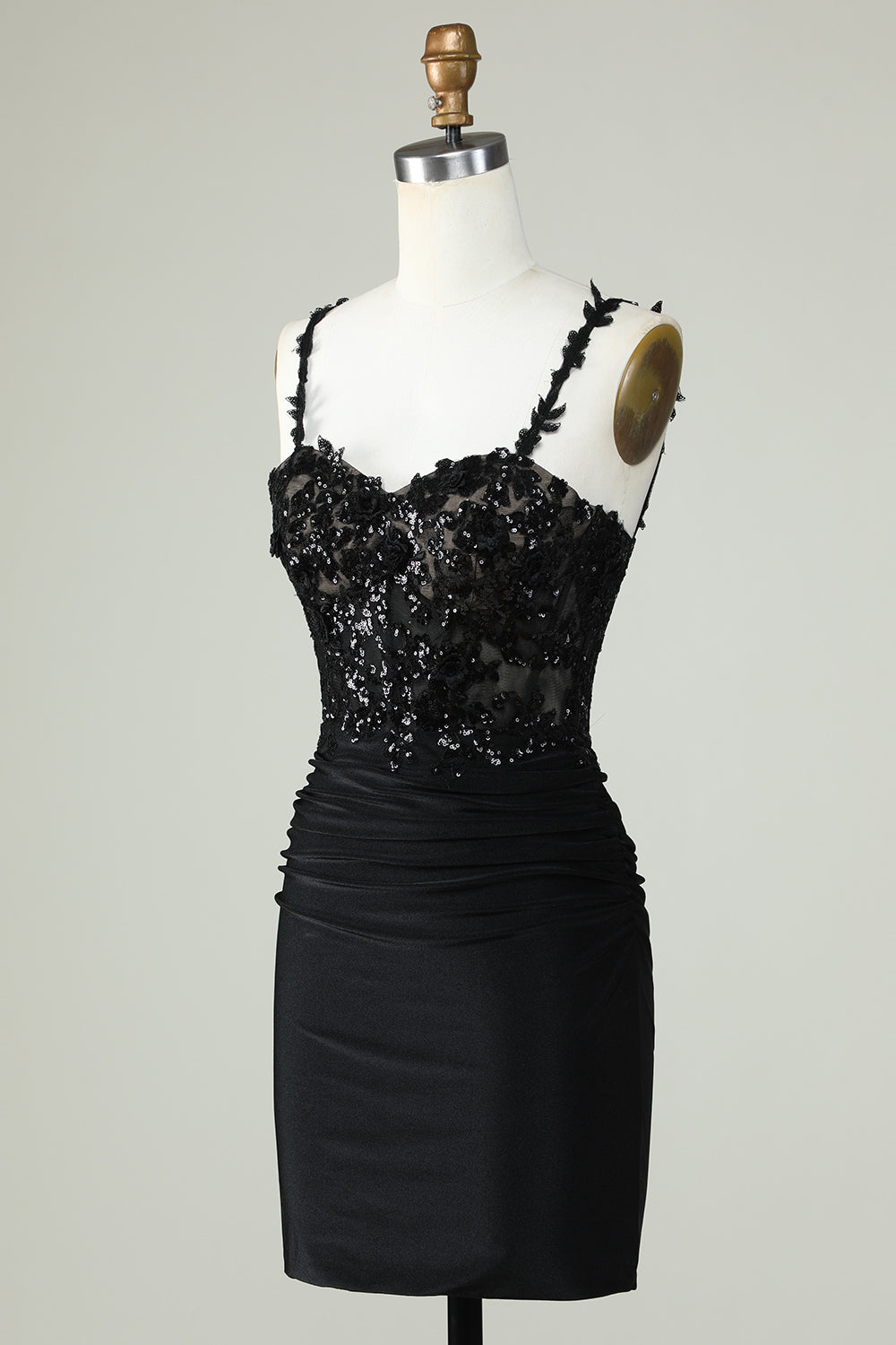 Fourreau Bretelles Spaghetti Robe de Cocktail Courte Noire avec Appliques