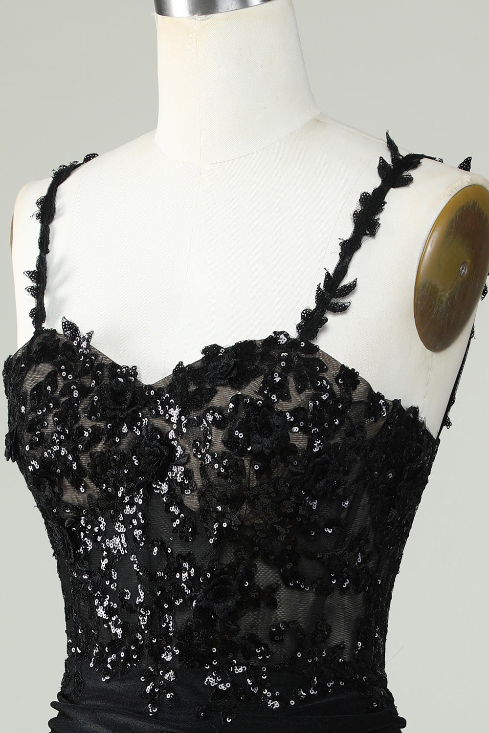 Fourreau Bretelles Spaghetti Robe de Cocktail Courte Noire avec Appliques