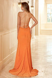 Gaine Halter Orange Longue Robe de Fête avec Front Fendu