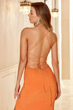 Gaine Halter Orange Longue Robe de Fête avec Front Fendu