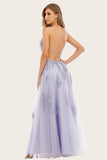 Robe long prom de Tulle de lavande avec la dentelle