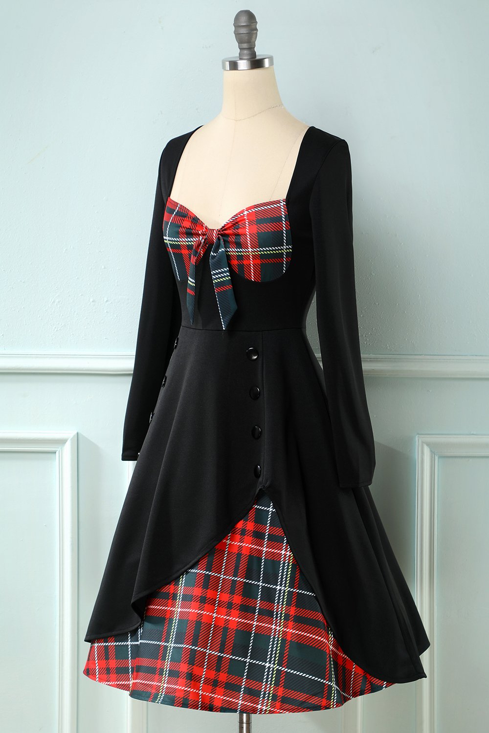 Robe plaid des années 1950 à manches longues