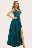 Robe turquoise de long prom de mousseline de soie avec perlé