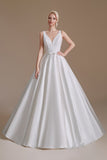 Robe de mariée blanche A-Line col V avec dentelle