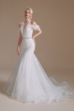 Robe de mariée Blanche Mermaid Halter Sweep Train avec dentelle