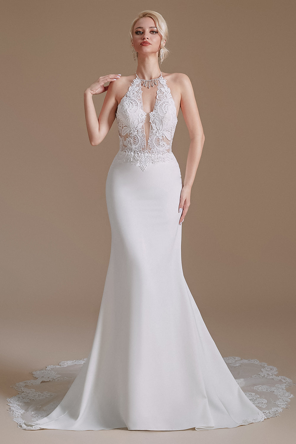 White Mermaid Halter Backless Sweep Train Robe de mariée avec dentelle
