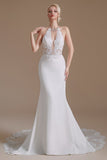 White Mermaid Halter Backless Sweep Train Robe de mariée avec dentelle