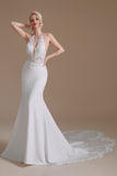 White Mermaid Halter Backless Sweep Train Robe de mariée avec dentelle