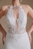 White Mermaid Halter Backless Sweep Train Robe de mariée avec dentelle