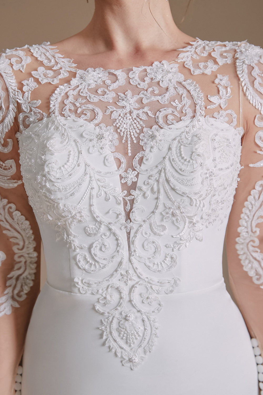 White Mermaid Manches Longues Sweep Train Robe de mariée avec dentelle