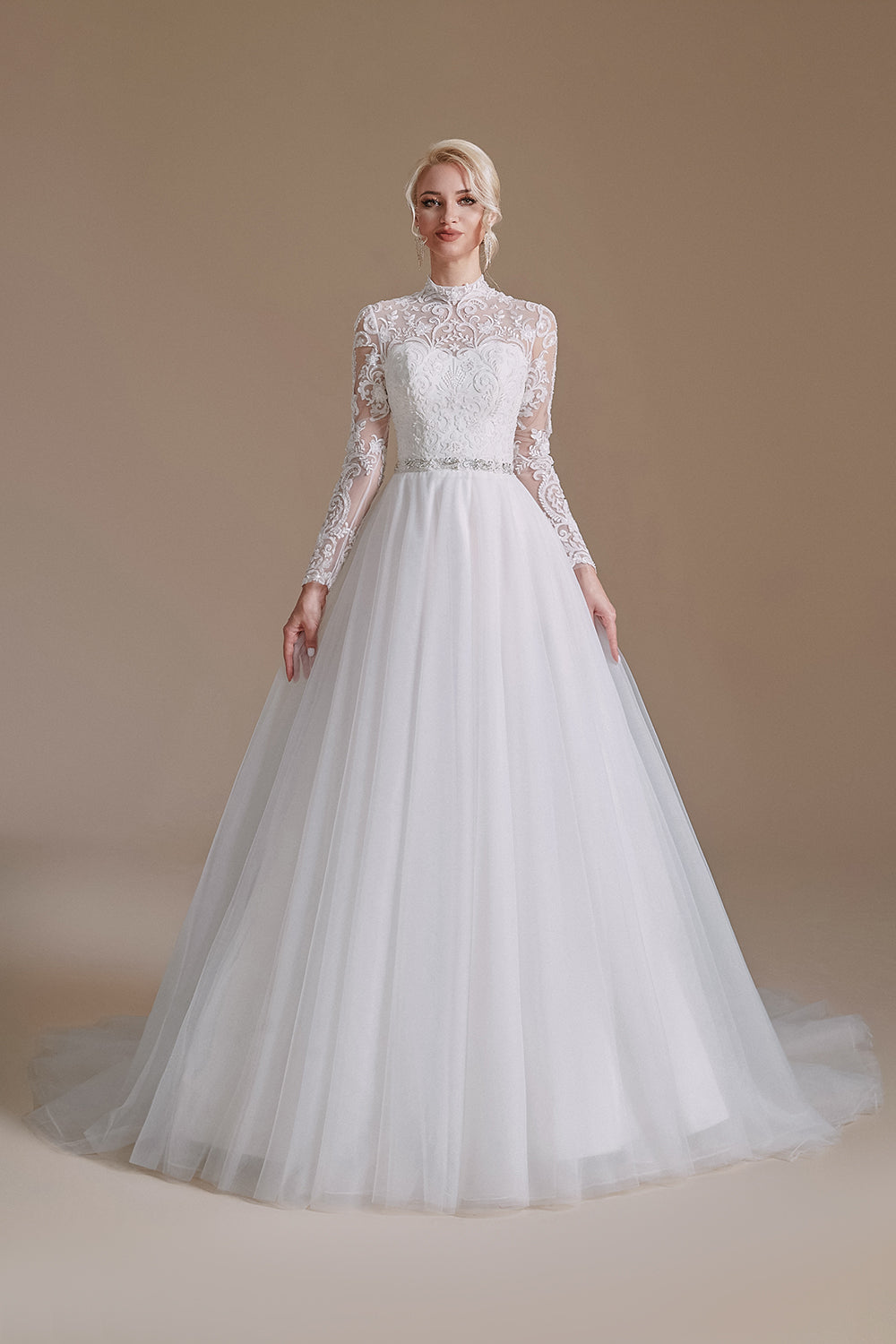 Blanc A-Line Col Haut Manches Manches Longues Robe de Mariée avec Dentelle