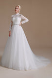 Blanc A-Line Col Haut Manches Manches Longues Robe de Mariée avec Dentelle