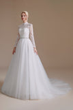 Blanc A-Line Col Haut Manches Manches Longues Robe de Mariée avec Dentelle
