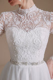 Blanc A-Line Col Haut Manches Manches Longues Robe de Mariée avec Dentelle