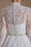 Blanc A-Line Col Haut Manches Manches Longues Robe de Mariée avec Dentelle