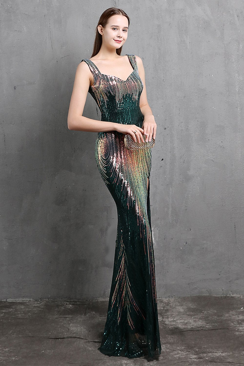 Gold Mermaid Sequin V Neck Prom Robe