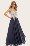 Robe dusty blue long mousseline de soie prom avec dentelle