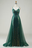 Robe de Soirée longue perlée vert foncé scintillante