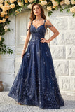 Robe de soirée longue bleu marine à épaules dénudées et appliqués