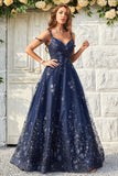 Robe de soirée longue bleu marine à épaules dénudées et appliqués
