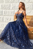 Robe de soirée longue bleu marine à épaules dénudées et appliqués