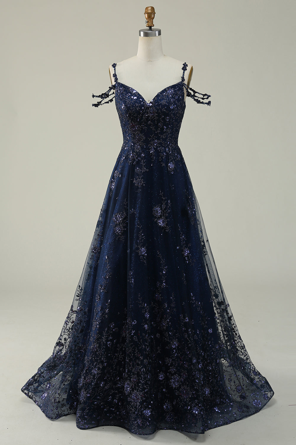 Robe de soirée longue bleu marine à épaules dénudées et appliqués