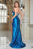 Robe longue longue Corset bleu scintillant avec fente