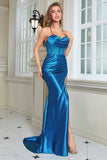 Robe longue longue Corset bleu scintillant avec fente