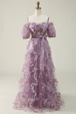 Une ligne de l’épaule Robe de Soirée longue violette avec impression