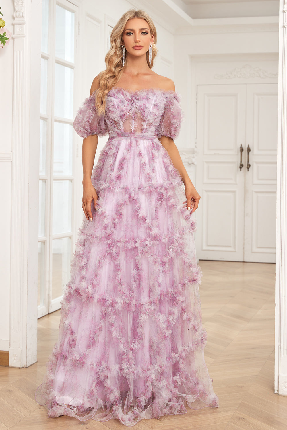 Charmant Une ligne de l’épaule violet soirée Robe avec Impression