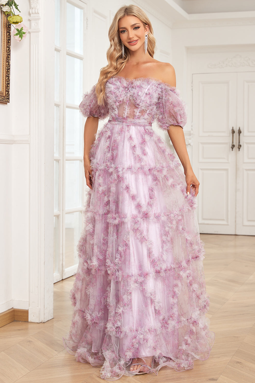 Charmant Une ligne de l’épaule violet soirée Robe avec Impression
