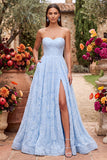Robe de soirée longue bleue à bretelles, avec perles, fente et motifs floraux, ligne A