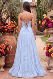 Robe de soirée longue bleue à bretelles, avec perles, fente et motifs floraux, ligne A