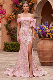 Robe de soirée rose avec broderie florale, coupe sirène, à épaules dénudées, avec fente latérale
