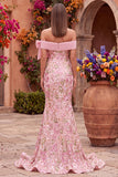 Robe de soirée rose avec broderie florale, coupe sirène, à épaules dénudées, avec fente latérale