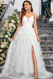 Robe de soirée longue formelle en tulle blanc à col en V avec fente