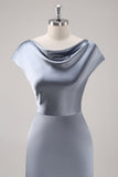 Robe de demoiselle d’honneur à col bénitier en satin bleu gris avec manches cape