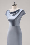 Robe de demoiselle d’honneur à col bénitier en satin bleu gris avec manches cape