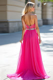 Perles fuchsia Bustier Une ligne Tulle Robe de Bal avec Fente