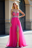Perles fuchsia Bustier Une ligne Tulle Robe de Bal avec Fente