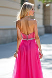 Perles fuchsia Bustier Une ligne Tulle Robe de Bal avec Fente