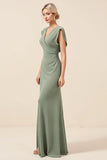 Robe de demoiselle d’honneur longue en mousseline de soie à col en V eucalyptus avec fente