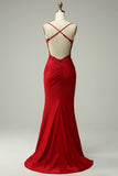 Robe de soirée sirène à col halter rouge foncé avec appliques