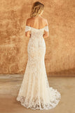 Robe de mariée longue en dentelle sirène blanche à épaules dénudées