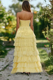 Robe longue de bal à volants en mousseline de soie jonquille Sweetheart trapèze