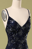 Robe de soirée bleu marine avec paillettes perlées