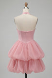 Robe courte de fin d’année rose à col nu à volants en ligne A